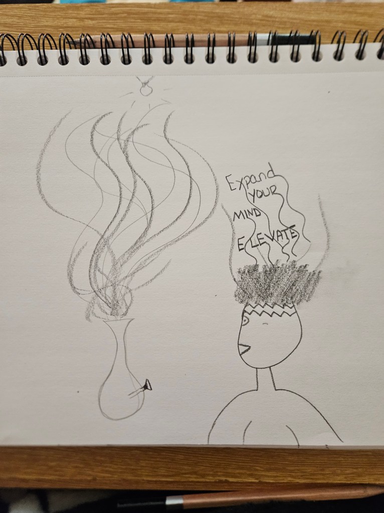 Drawing of a person with an opened up brain area that says "Expand Your Mind Elevate." a sketched bong with smoke vapors sits nearby. 